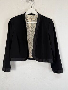 Cotélac Womens Black Cropped Open Front Blazer Satin Trim Palm Print Lining Sz 1